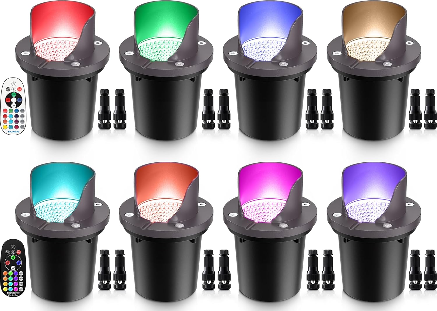 SUNVIE RGBW Low Voltage Landscape Lighting Color Changing 12W Waterproof Well Lights Landscape LED In Ground 12-24V Dimmable Paver Lights with Connectors for Pathway Garden Yard Fence Deck, 8 Pack