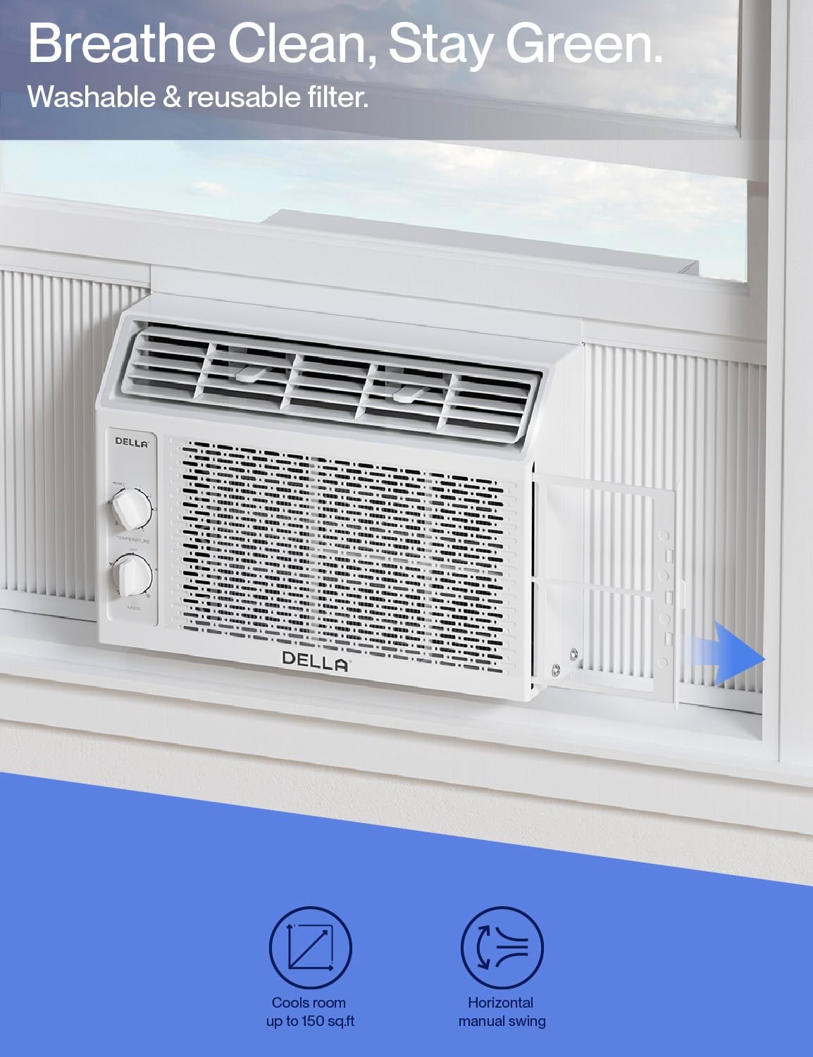 DELLA Window Air Conditioner, Reusable Filter, Easy Install Kit, 5000 BTU Cools Up To 150 Sq. Ft, Energy Saving AC Unit with Easy to Use Mechanical Control, Efficient Cooling For Smaller Areas
