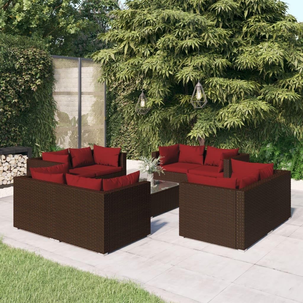 9 Piece Patio Lounge Set with Cushions Poly Rattan Brown,Rattan Patio Lounge Set: Modular, WaterResistant, and Comfortable Outdoor Furniture Patio Furniture, Outdoor Furniture Sets