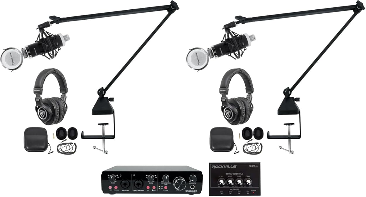 Rockville R-TRACK 2x2 Bundle: USB Audio interface 24 Bit 192 kHz, (2) RCM03 condenser microphones, (2) PRO-M50 headphones, (2) R-BOOM 34 in Stand, RHPA4 amp, 3 ft TRS cable, 9-items