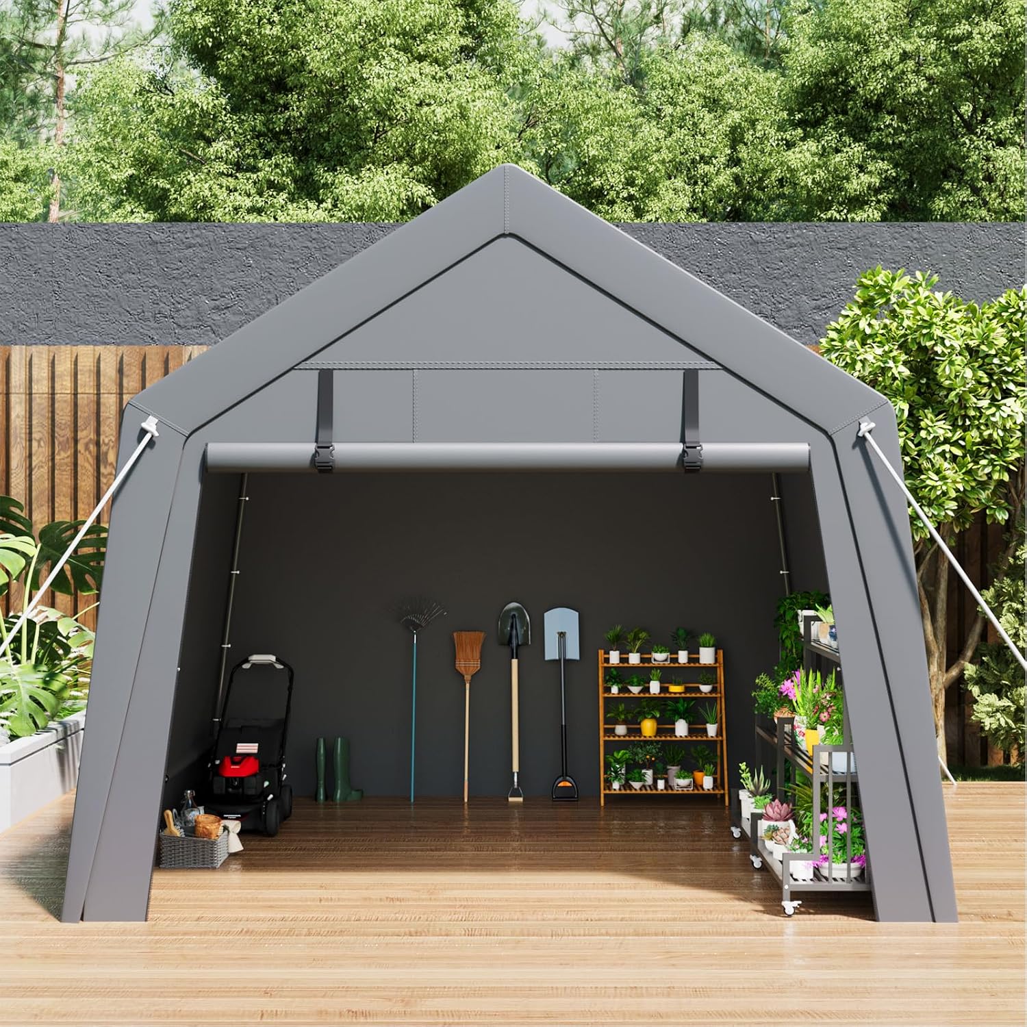 Portable Carport Storage Shed, 10' x 10' Motorcycle Tent, Waterproof & UV-Resistant with Roll-Up Zipper Doors, Gray Outdoor Shelter for Bikes, Tools & Equipment