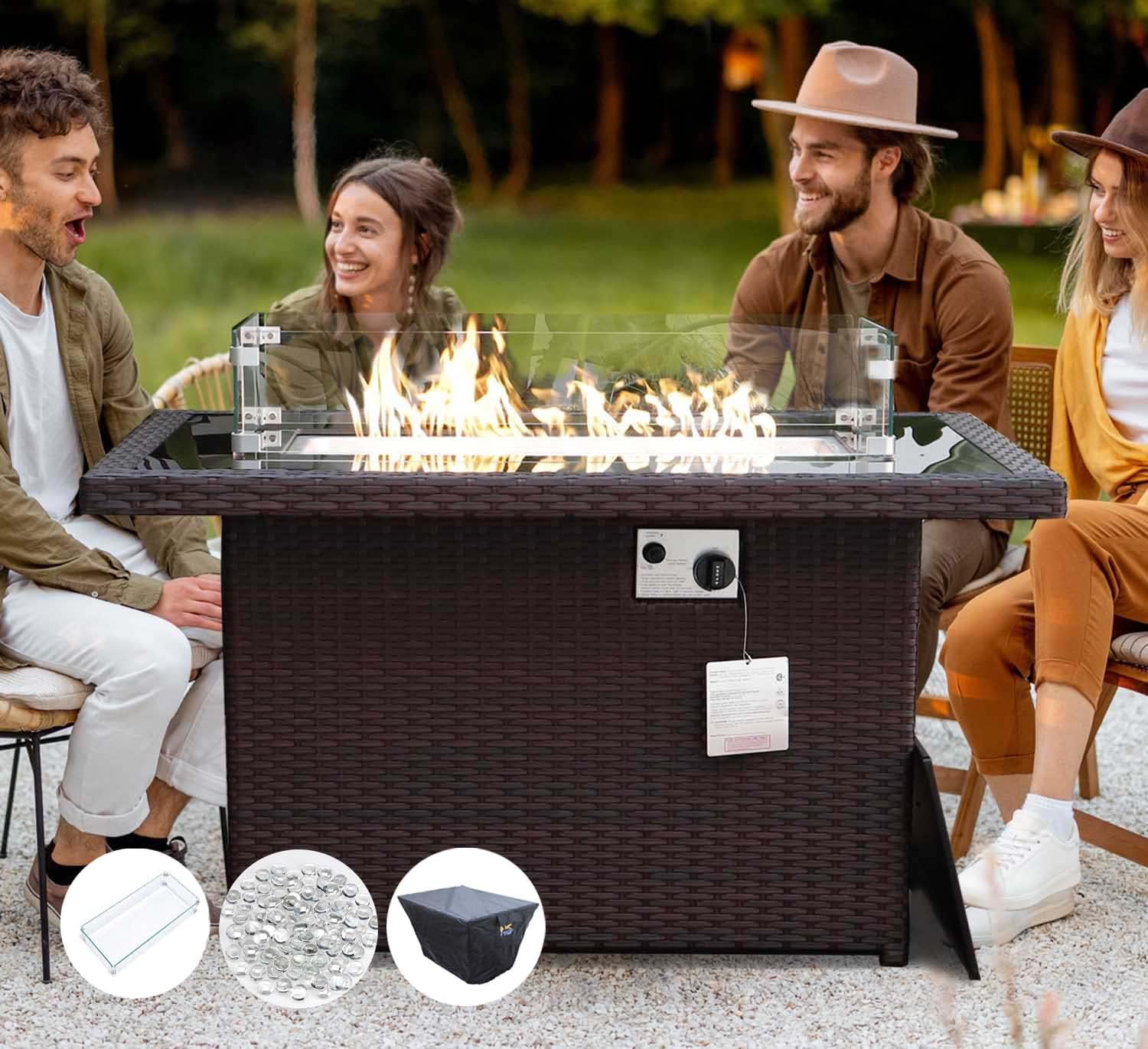 NICESOUL Wicker Outdoor Fire Pit Table Natural Gas/Propane, 43'' Rectangular Firepit Table for Outside, 60000 BTU Patio Fireplace Tables with Windguard&Glass Rocks&Cover, Modern CSA Firepits, Brown
