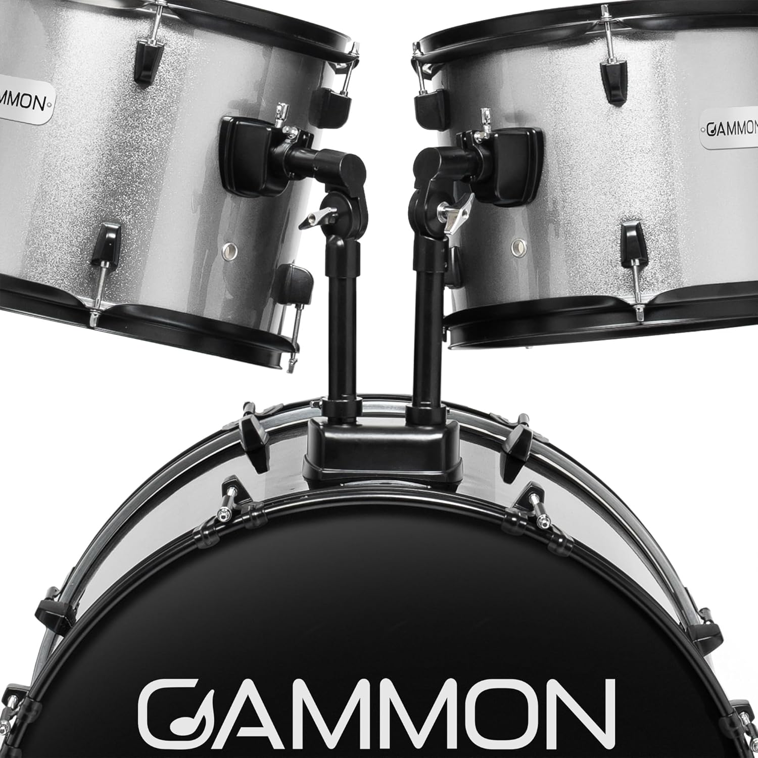 Gammon Percussion Full Size Complete Adult 5-Piece Drum Set with Cymbals, Stands, Stool, and Sticks - Silver
