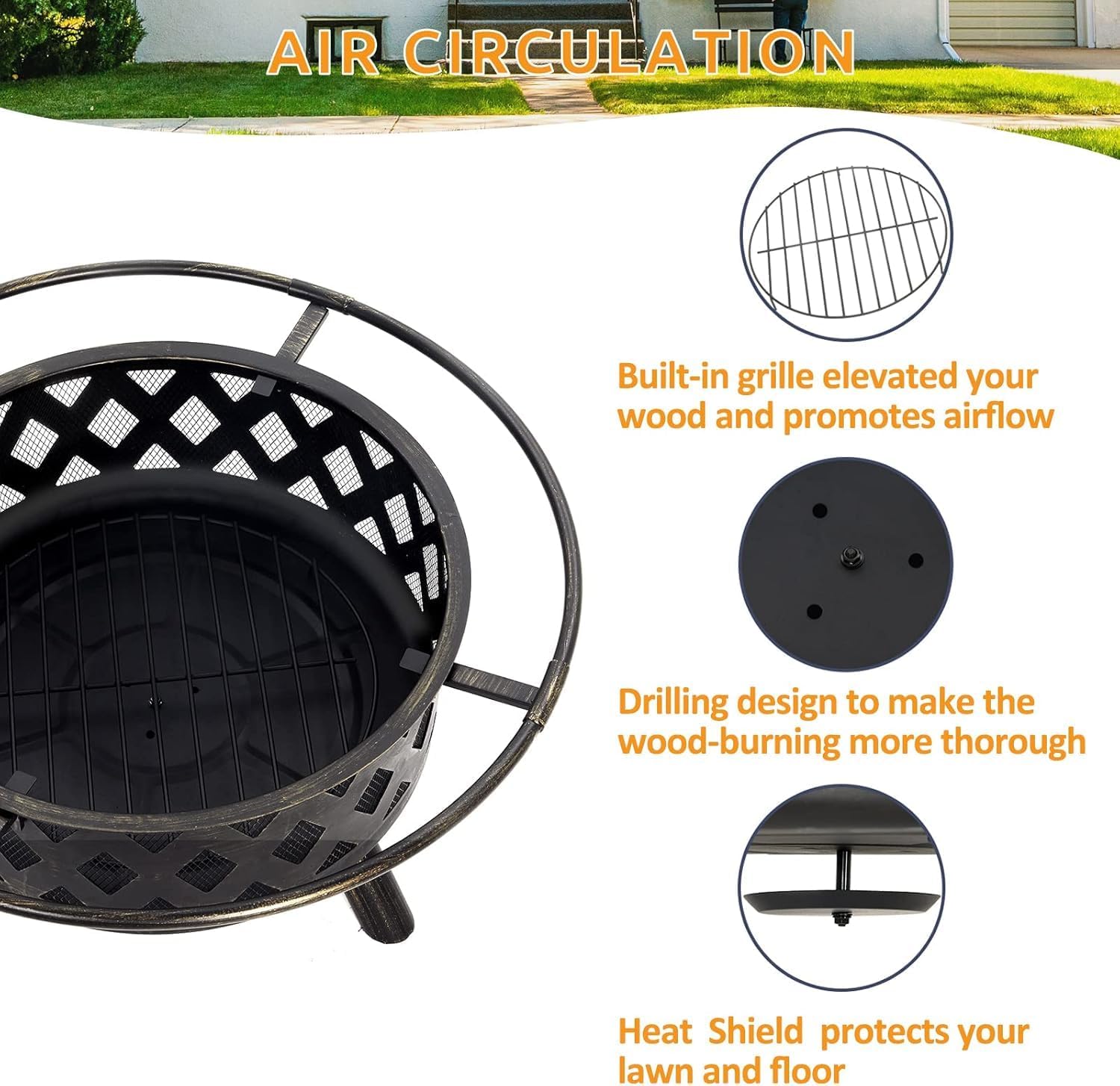 Amopatio Outdoor Fire Pit with Lid, 30 Inch Large Outdoor Wood Burning Fire Pits, Patio Backyard Firepit with Steel BBQ Grill Cooking Grate, Spark Screen & Poker for Garden, Bonfire, Camping, Picnic