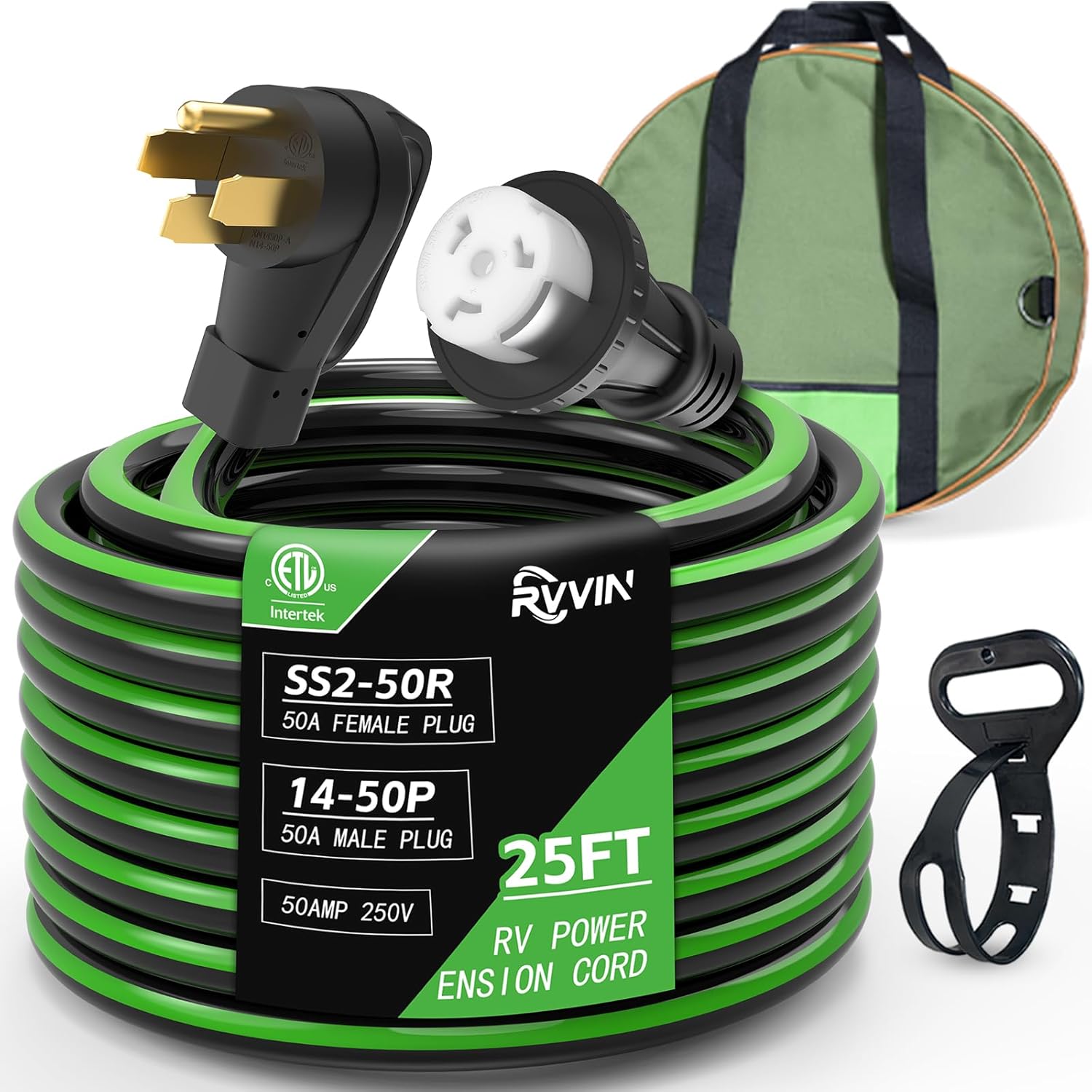 50 Amp 25 Feet RV Extension Cord, 14-50P to SS2-50R Heavy Duty STW Generator Extension Cord for RV Camper and Generator to House, with Locking Connector, ETL Listed (Black&Green)