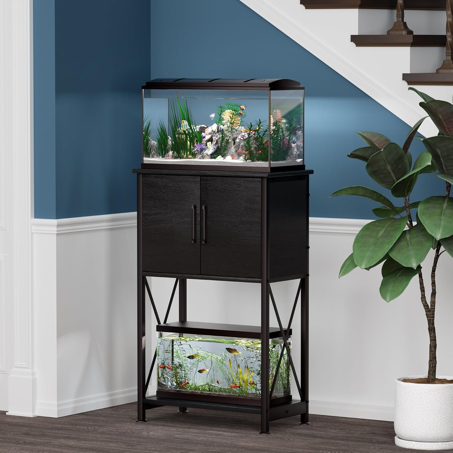5-10 Gallon Fish Tank Stand, Metal Double Aquarium Stand with Cabinet for Fish Tank Accessories Storage, Heavy Duty 20.5