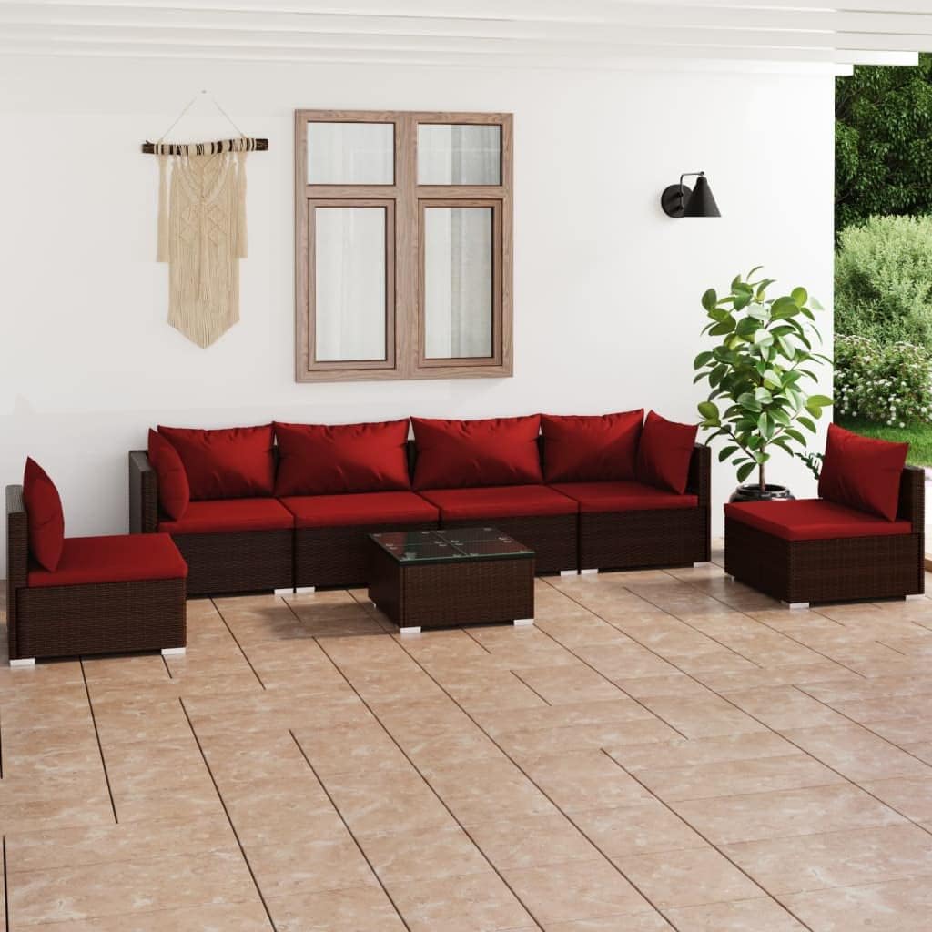 7 Piece Patio Lounge Set with Cushions Poly Rattan Brown Garden Furniture