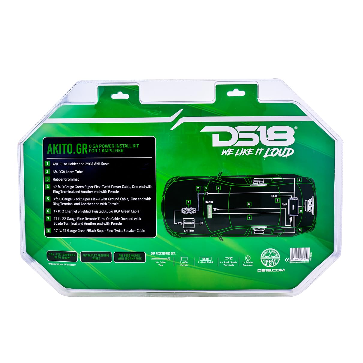 DS18 AKIT0.GR 0-GA Amplifier Installation Wiring Kit with Fuse Holder 250A, Up to 3500 Watts RMS, Ultra Flex Wire, Amp Wire Kit, Amp Wiring Kit 0 Gauge - Green