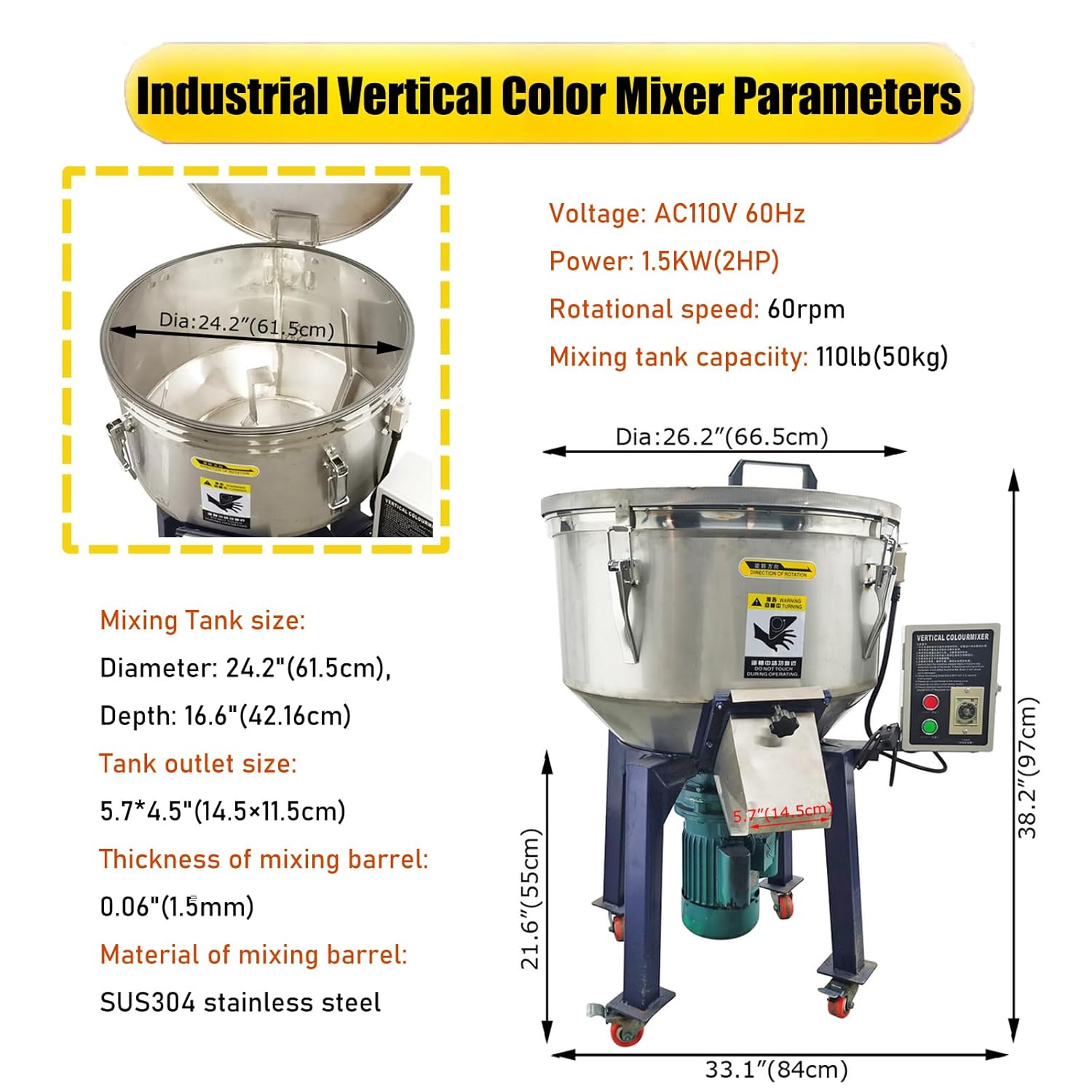 Industrial Blender Mixer Vertical Color Mixer 50kg Tank Material Mixing Machine Vertical Blade Vortex Type Blender 2HP Stainless Steel Blending Mixing Machine, AC110V Single-Phase