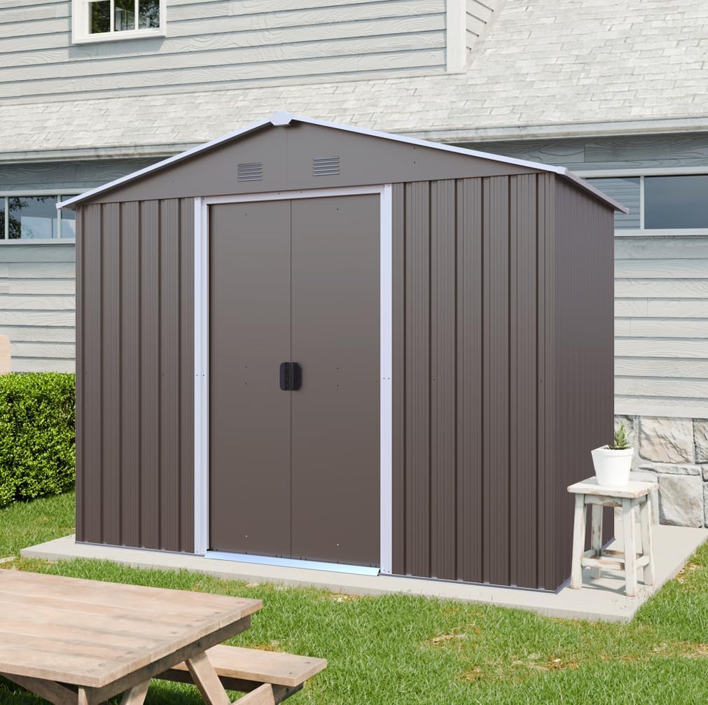 8ft x 4ft Outdoor Metal Storage Shed with Foundation - Waterproof Garden Tool Bike Sheds Kit, Lean-to Backyard Storage Building Cabinet for House,Gray