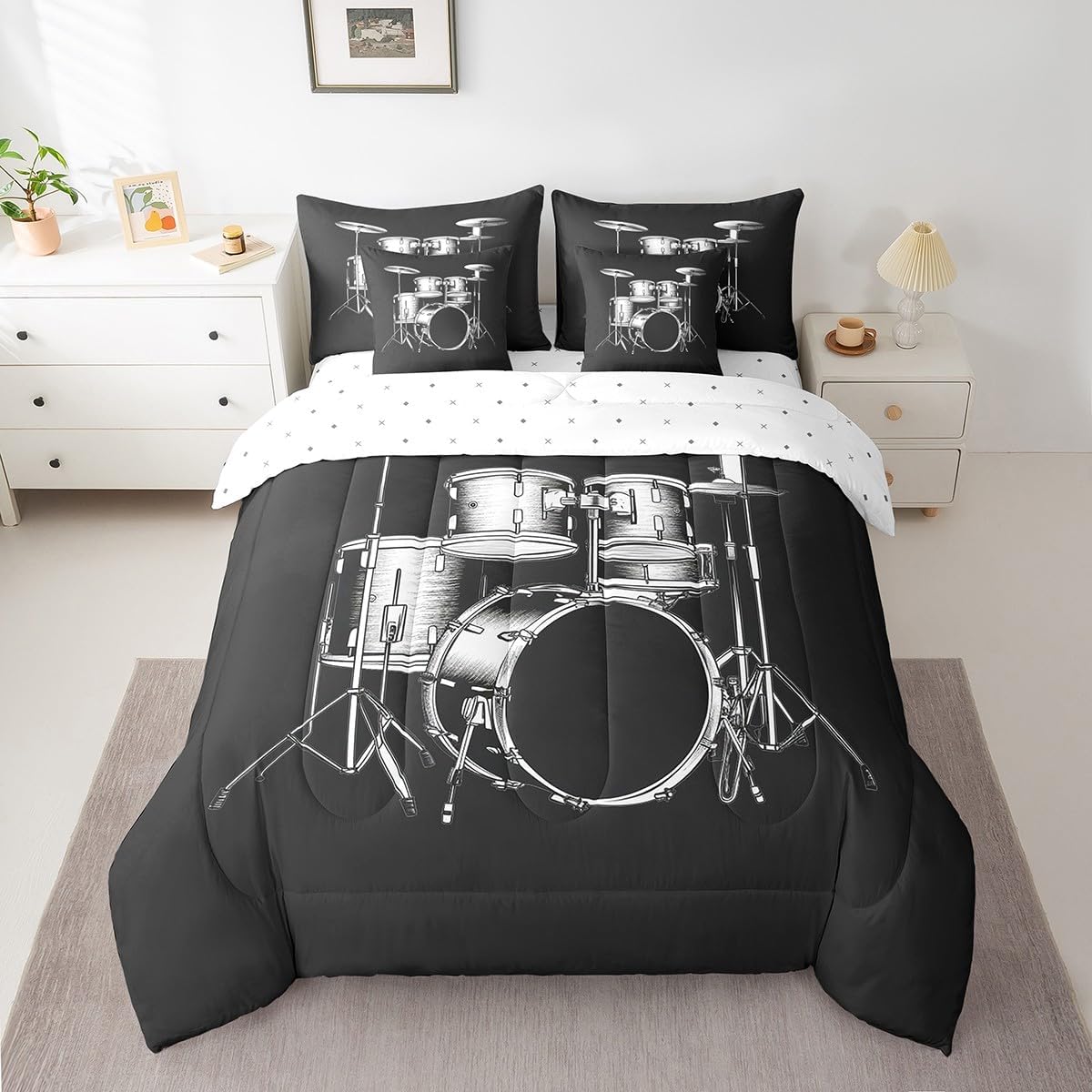 Feelyou Queen Drum Kit Comforter Set with Sheets for Kids Toddler Drum 7 Piece Bedding Set for Boys Girls Bed Set Includes Comforter, Sheet Set, Pillowcases & Pillow Covers - Super Soft Breathable