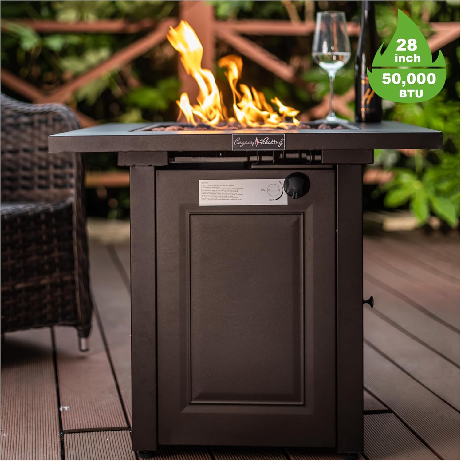 28 in Outdoor Propane Fire Pit Table 50000 BTU, Outdoor Square Gas Fire Pit with Easy Access Door, Rust-Resistant Steel, Brown Finish, for Patio and Backyard Heating with Lava Rocks and Lid