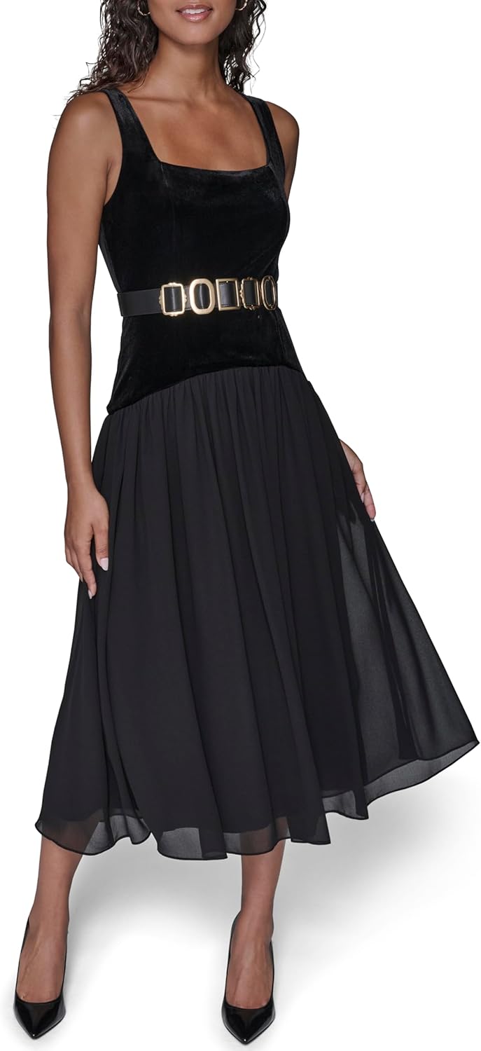 Karl Lagerfeld Womens Sleeveless Stretch Velvet Novelty Belt Midi Dress