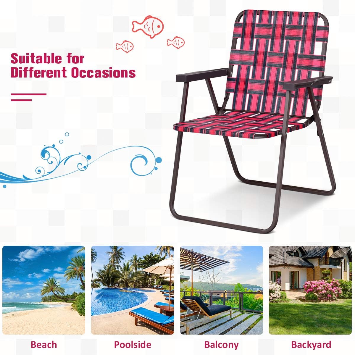6 PCS Folding Lawn Chairs Set, Portable Outdoor Patio Chairs w/Stable Metal Frame & Armrests, Webbed Folding Beach Chairs Set for Lawn Patio Garden Backyard (Red)