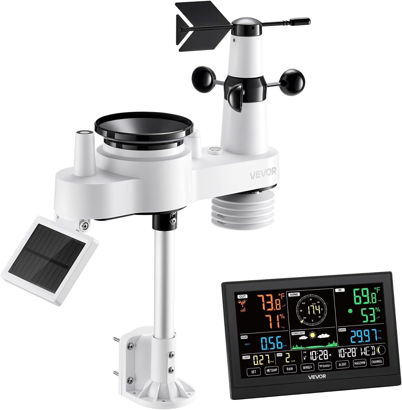 VEVOR 7-in-1 Wireless Weather Station, 7.5-Inch VA Display, Solar Powered Outdoor Sensor, Rain Gauge, Indoor Outdoor for Weather Forecast, Temperature, Humidity, Wind Speed and Direction (No WiFi)