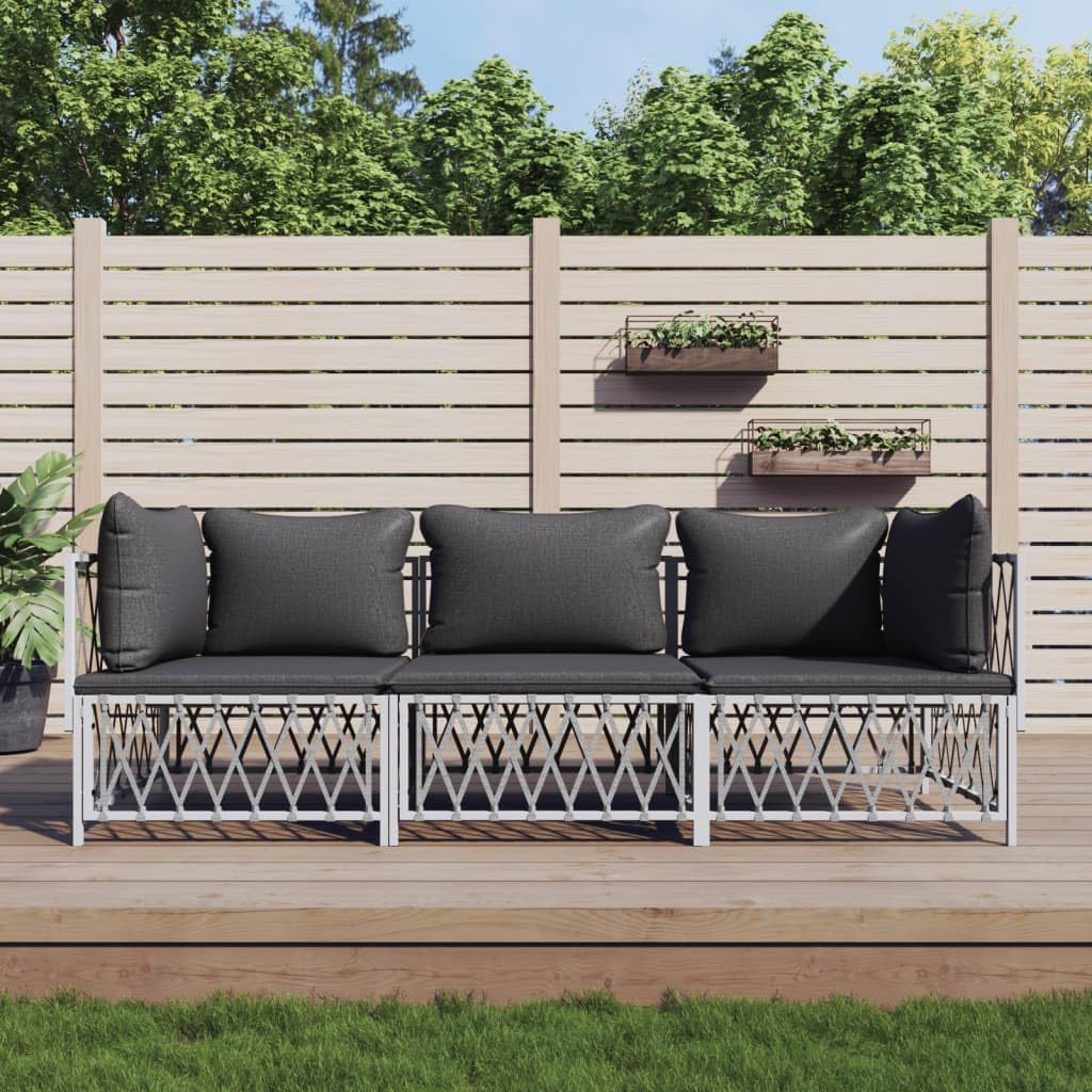 3 Piece Patio Lounge Set with Cushions White Steel,Premium Outdoor Patio Lounge Set: Durable and Stylish Seating for Your Garden Patio Furniture, Outdoor Furniture Sets