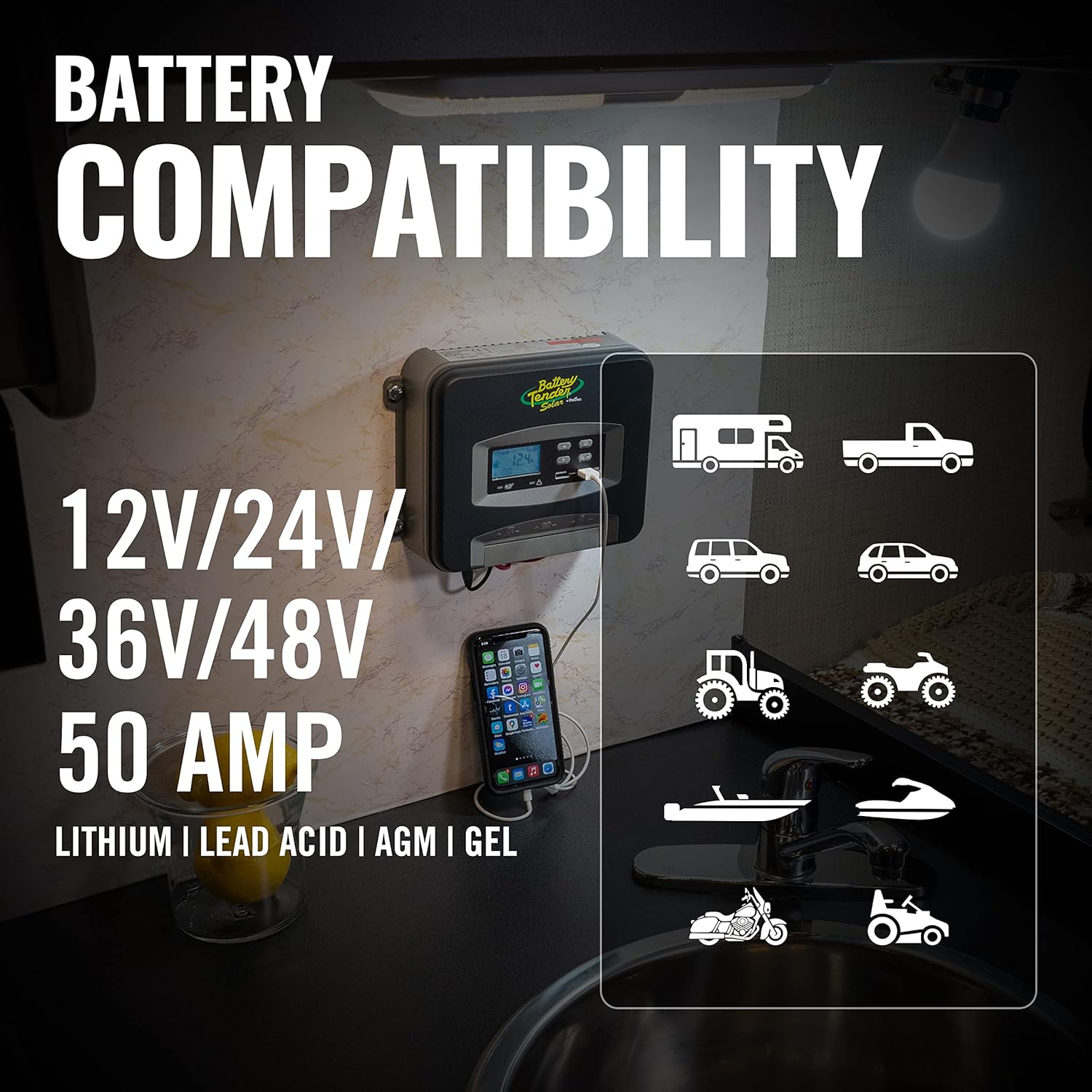 Battery Tender 50 AMP Solar Panel Controller - 12V / 24V / 36V / 48V PWM - Dual USB Port and LCD Status Indiscator Screen - Suitable for Lead Acid, AGM, Gel, and 12 Volt Lithium Batteries - 021-1177