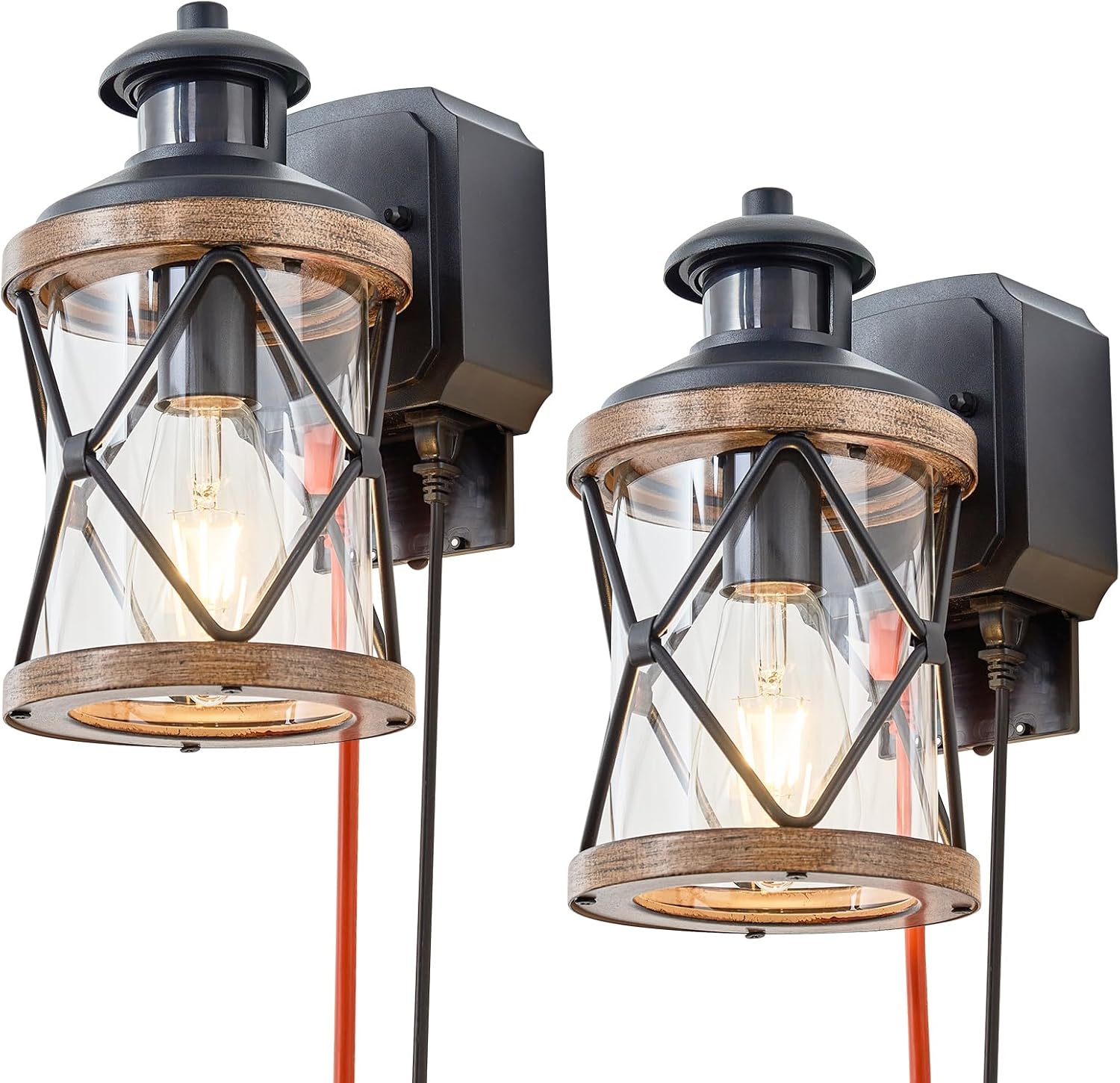 Dusk to Dawn Motion Sensor Outdoor Porch Light with GFCI Outlet,3 Lighting Modes Anti-Rust Waterproof Industrial Outdoor Lantern,UL ETL Listed,Exterior Work Lights Rustic Wall Light (Round-2Pack)