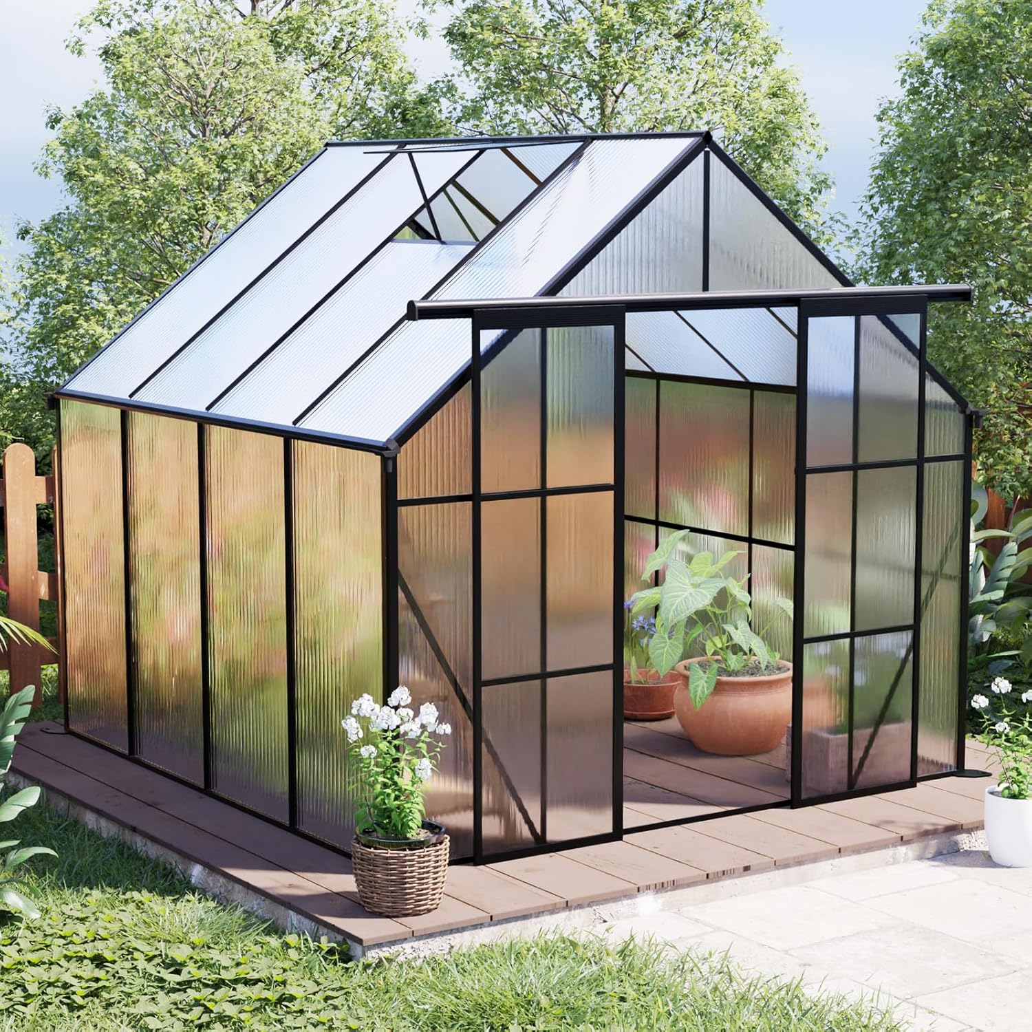 8x8 FT Greenhouse for Outdoors, Heavy Duty Polycarbonate Greenhouse with Aluminum Structure, Rain Gutter, Adjustable Roof Vent, Sliding Double Door, Large Walk in Green House Kit for Garden, Black