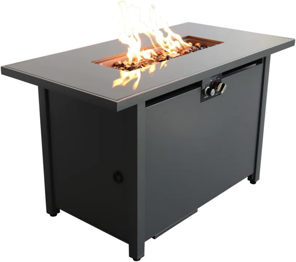 43 Inch Rectangle Propane Fire Pit, Outdoor Fire Pit Table, 50,000 BTU Steel Gas Fire Pits with Lid, Cover and Lava Rock for Outside Patio Deck Garden Backyard - Gray