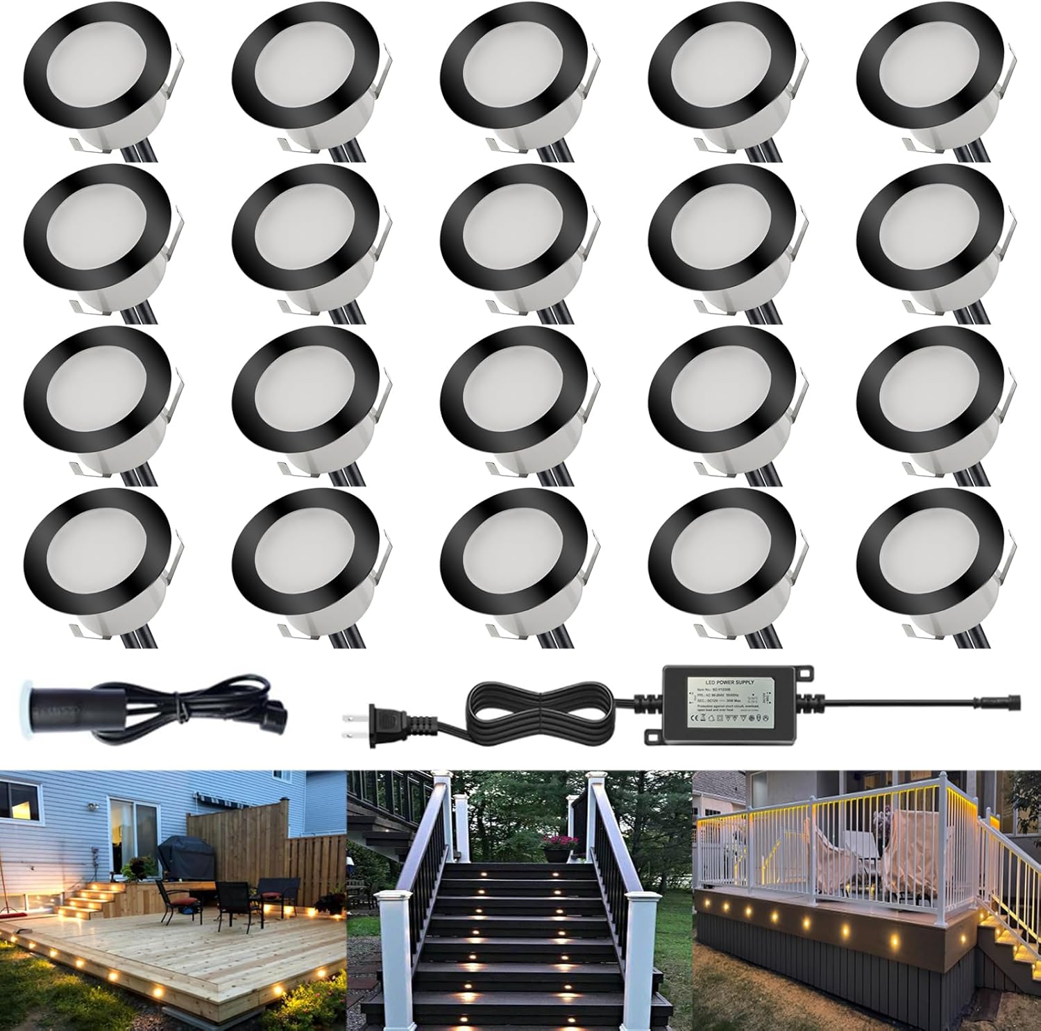 LED Outdoor Deck Lights Kits with Photocell, Φ1.77in Warm White 20 Pack Black, Low Voltage 12 Volt IP67 Waterproof, Electric Wired Recessed Stair Step Riser Landscape Lighting for Exterior Yard