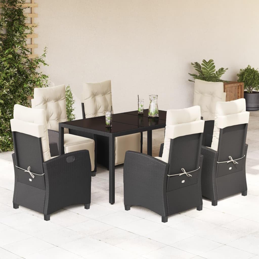 7 Piece Patio Dining Set with Cushions Black Poly Rattan Garden Furniture