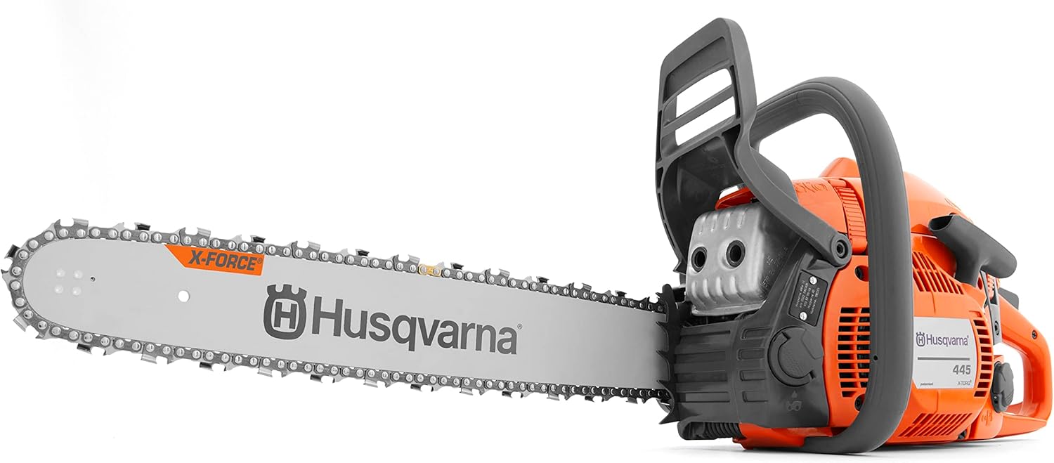 Husqvarna 445 Gas Chainsaw, 50-cc 2.8-HP, 2-Cycle X-Torq Engine, 18 Inch Chainsaw with Automatic Oiler, For Wood Cutting and Tree Trimming