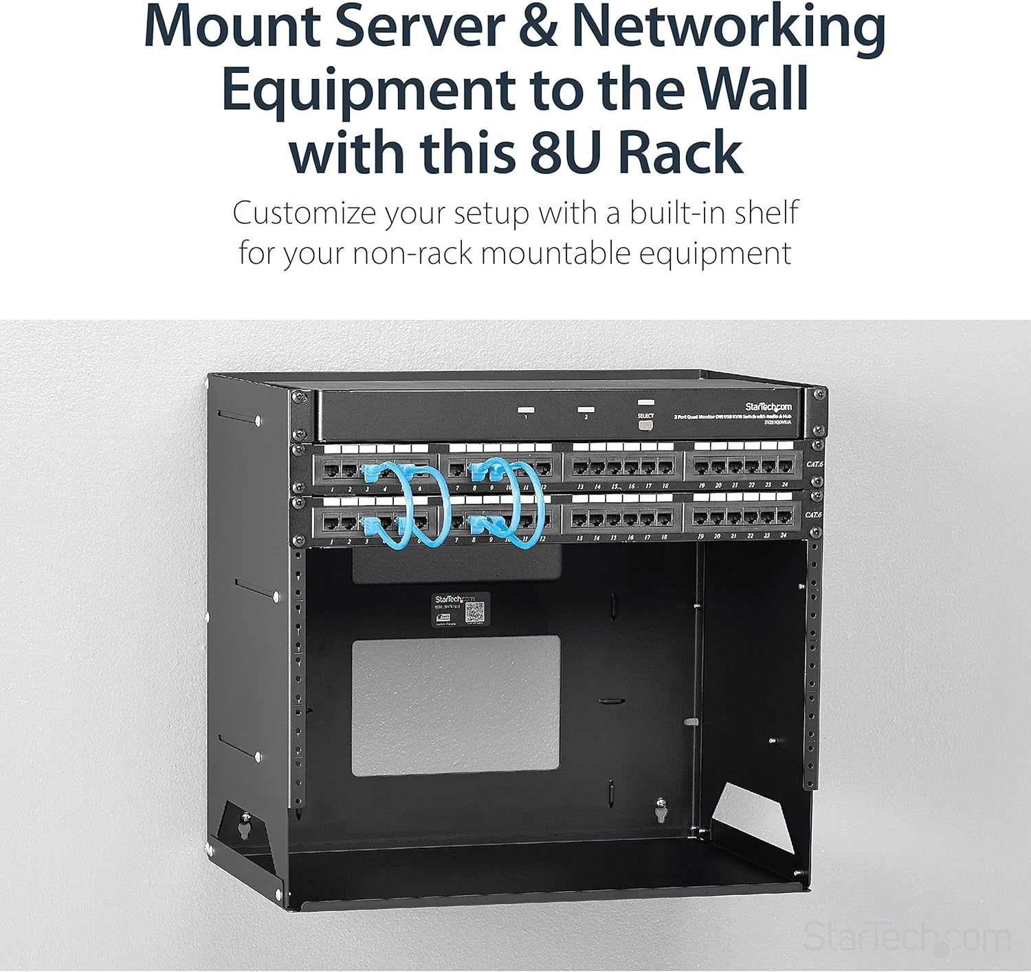 StarTech.com 2-Post 8U Open Frame Wall Mount Network Rack with Built-in Shelf, Wall Mount Data Rack with Adjustable Depth for AV / Computer / IT Equipment, TAA Compliant Server Rack (WALLSHELF8U)