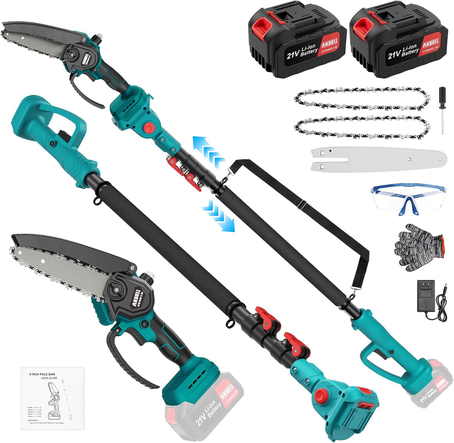 Anbull 2-IN-1 Cordless Pole Saw & 6 Inch Brushless Mini Chainsaw with 2x 4.0Ah Battery, Electric Pole Saws for Tree Trimming, with 15.5ft Max Extension Pole for Tree Branches Wood Cutting