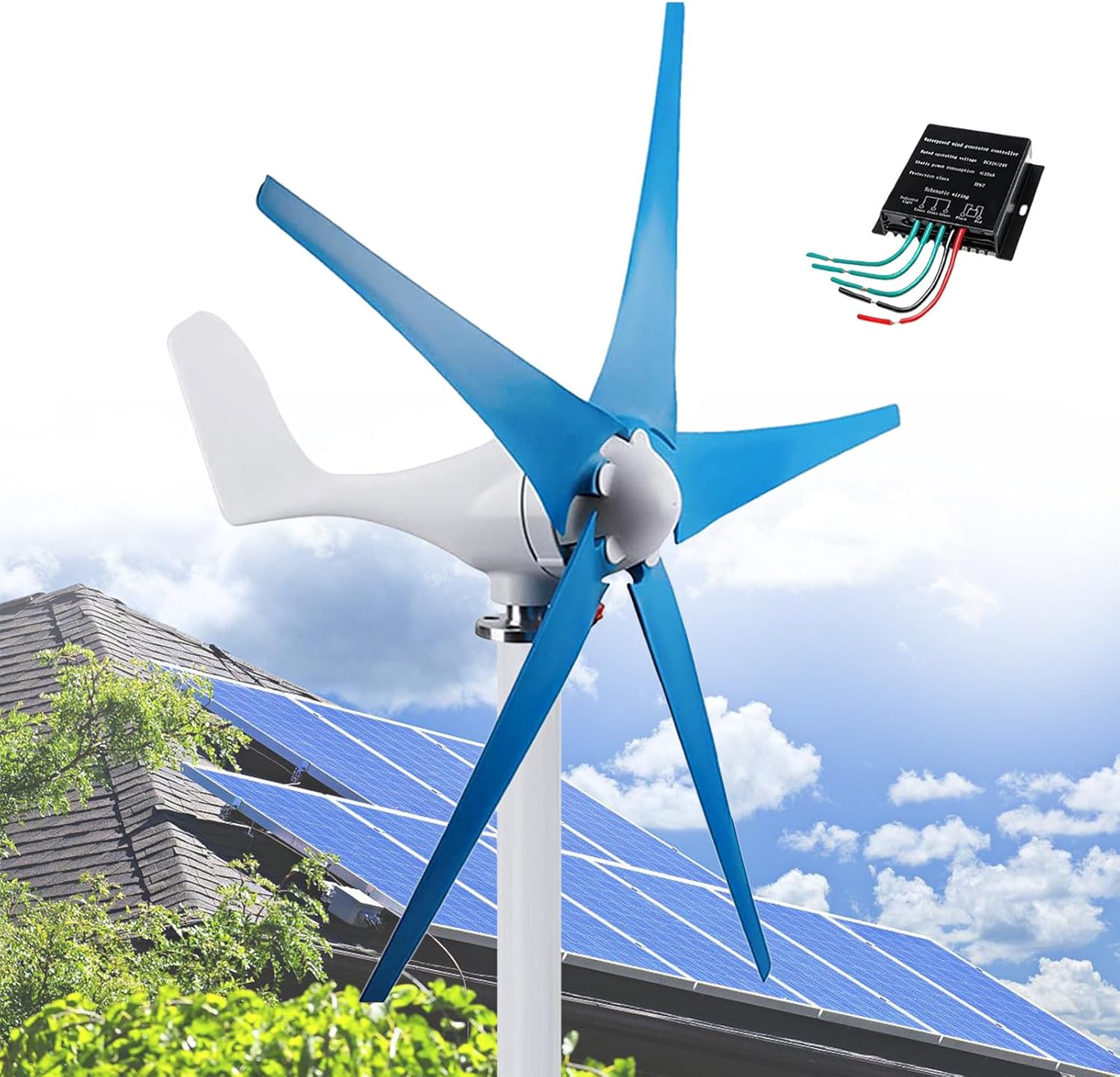 12000W Windmill Generator 5 Blade Small Wind Turbines Kit Industrial Energy Equipment, 3 Phase AC Permanent Magnet Generator with MPPT Controller for Marine Home Charging,Blue-12V