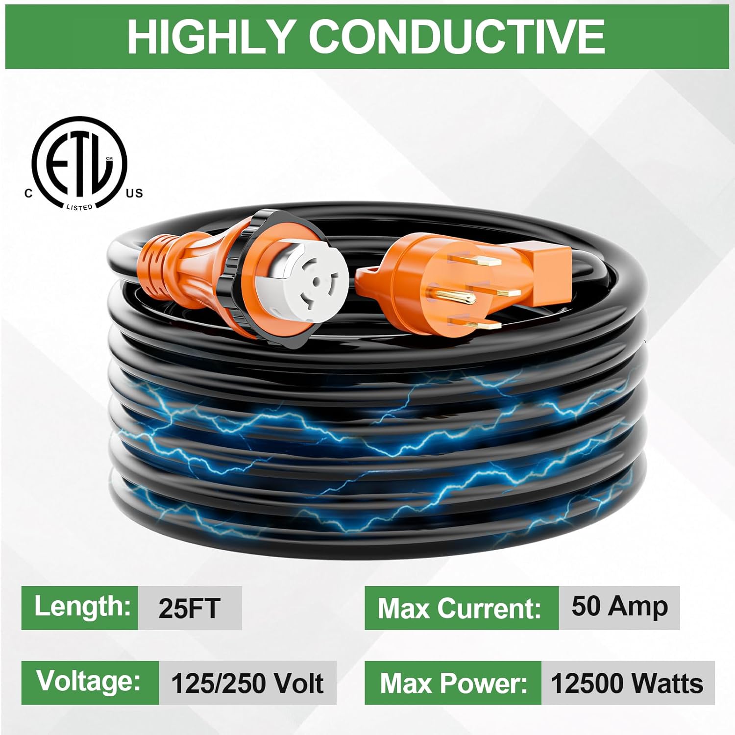 50 Amp Generator Extension Cord 25 Ft- Rated for 250V /12500W+50 Amp Generator Inlet Box with Green Safety Light