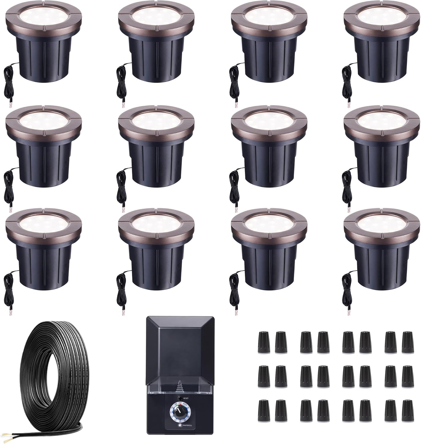 Ground Well Lights Kit, 12 Pack Landscape LED Low Voltage Inground Light and 200W Transformer and 250FT Cable and 40 Wire Connectors, Outdoor Waterproof IP67 Aluminum for Backyard Wall Lawn