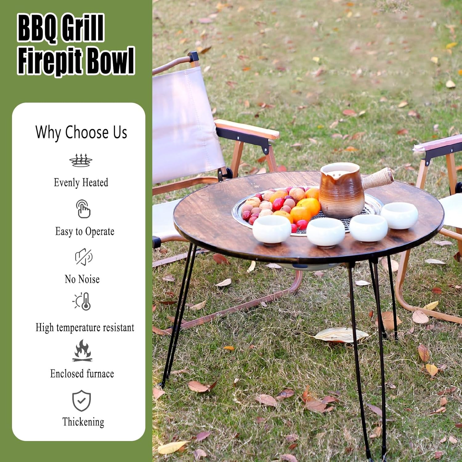 Multifunctional Fire Pit Table, Portable & Folding BBQ& Outdoor Wood Burning Firepit with Cooking Grate and Fire Tongs for Camping, Bonfire & Outdoor Heating