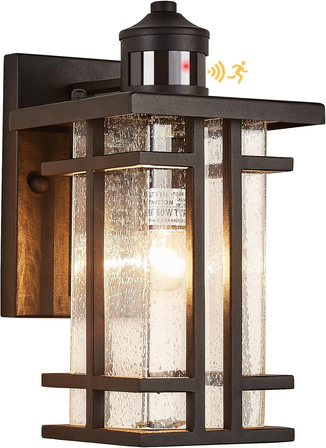 Motion Sensor Outdoor Wall Light Dusk to Dawn Outside Wall Sconce with Seeded Glass Exterior Light Fixtures Wall Mount 3 Modes Motion Activated Outdoor Porch Wall Lantern IP65 Waterproof Black