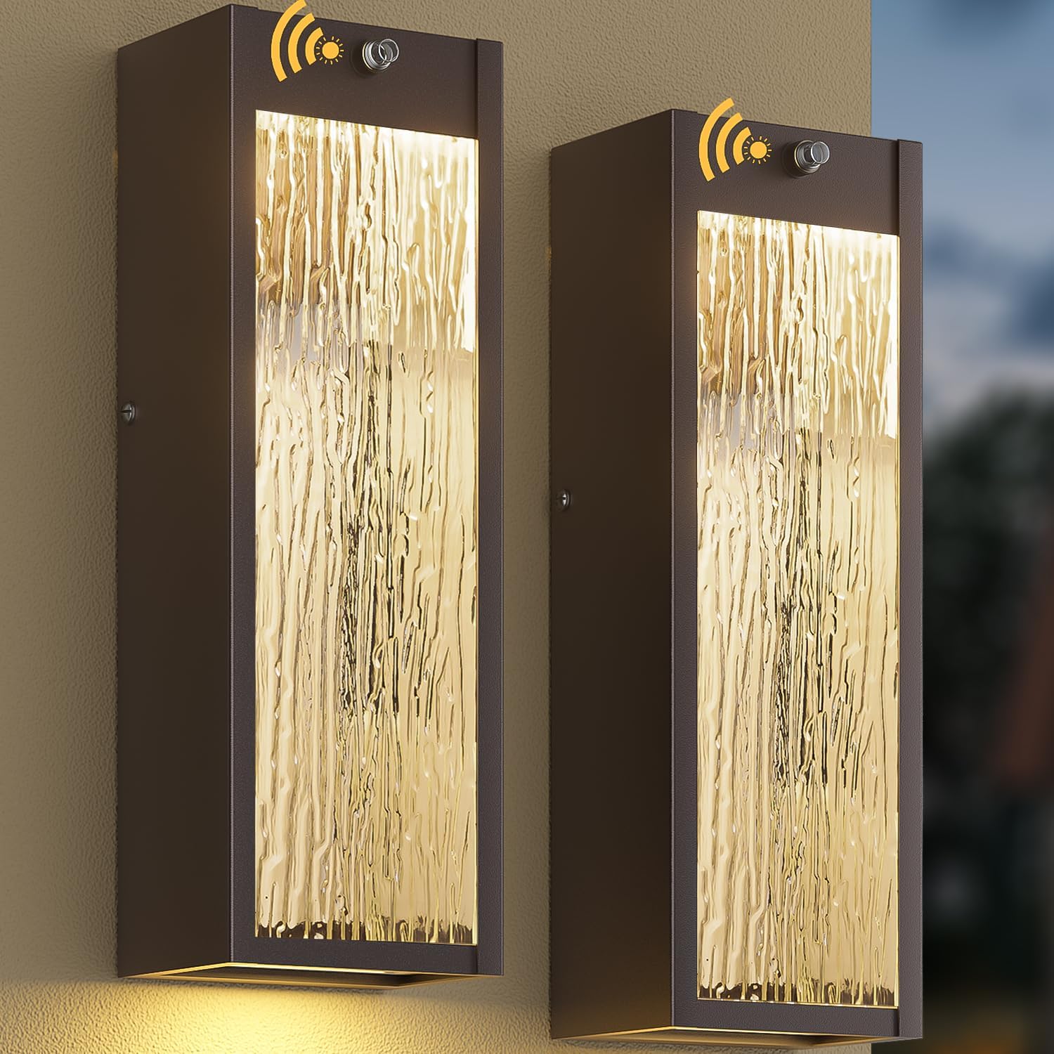 Dusk to Dawn LED Outdoor Wall Light 2 Pack, Bronze 15in Exterior Waterproof Porch Sconces, Large Modern Water Rippleed Outdoor Lighting Wall Mounted Outside Lantern for Garage Front Door
