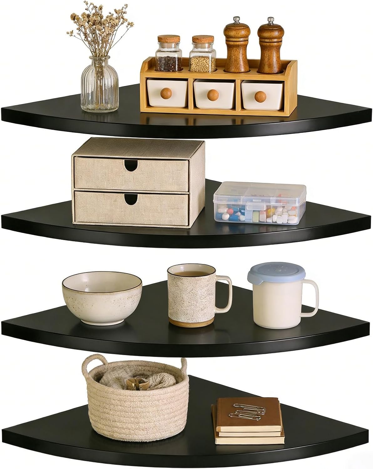 Set of 4 Floating Corner Shelves-Round End,Wall Mounted Shelves for Bathroom,Bedroom Kitchen-Versatile for Room Decor and Display(Black,22cm)
