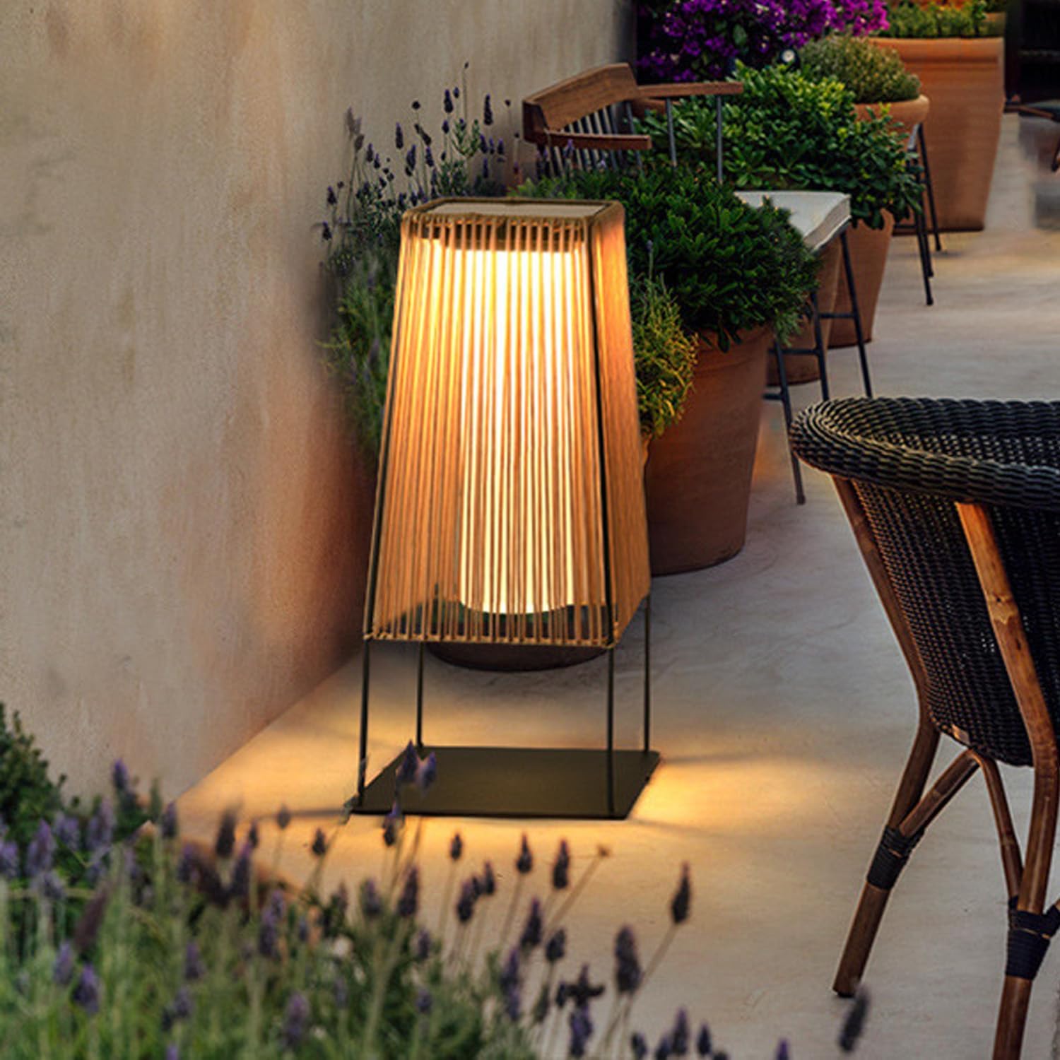 Black Outdoor Floor Lamp,3000K Led Solar Floor Light,Wicker Shade Dusk to Dawn Outdoor Lighting,Modern Boho Lamps for Deck Patio and Garden