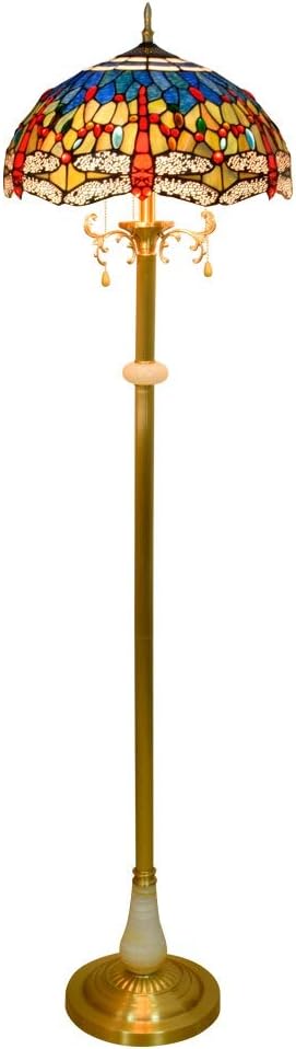 16-Inch Tiffany-Style European Red Dragonfly Lampshade Glass Floor Lamp Pure Copper Vertical Readlamp for Study Bedroom Room Decoration