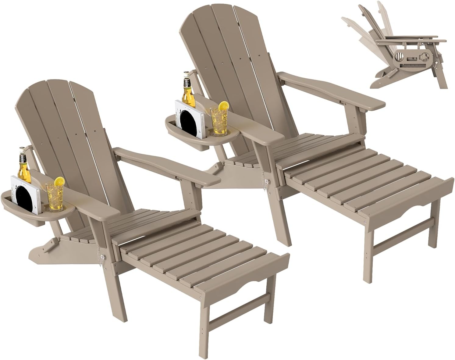 Adjustable Adirondack Chair with Retractable Ottoman Set of 2, HDPE Folding Adirondack Chair with Cup Holder, All Weather Fire Pit Chair for Outdoor.