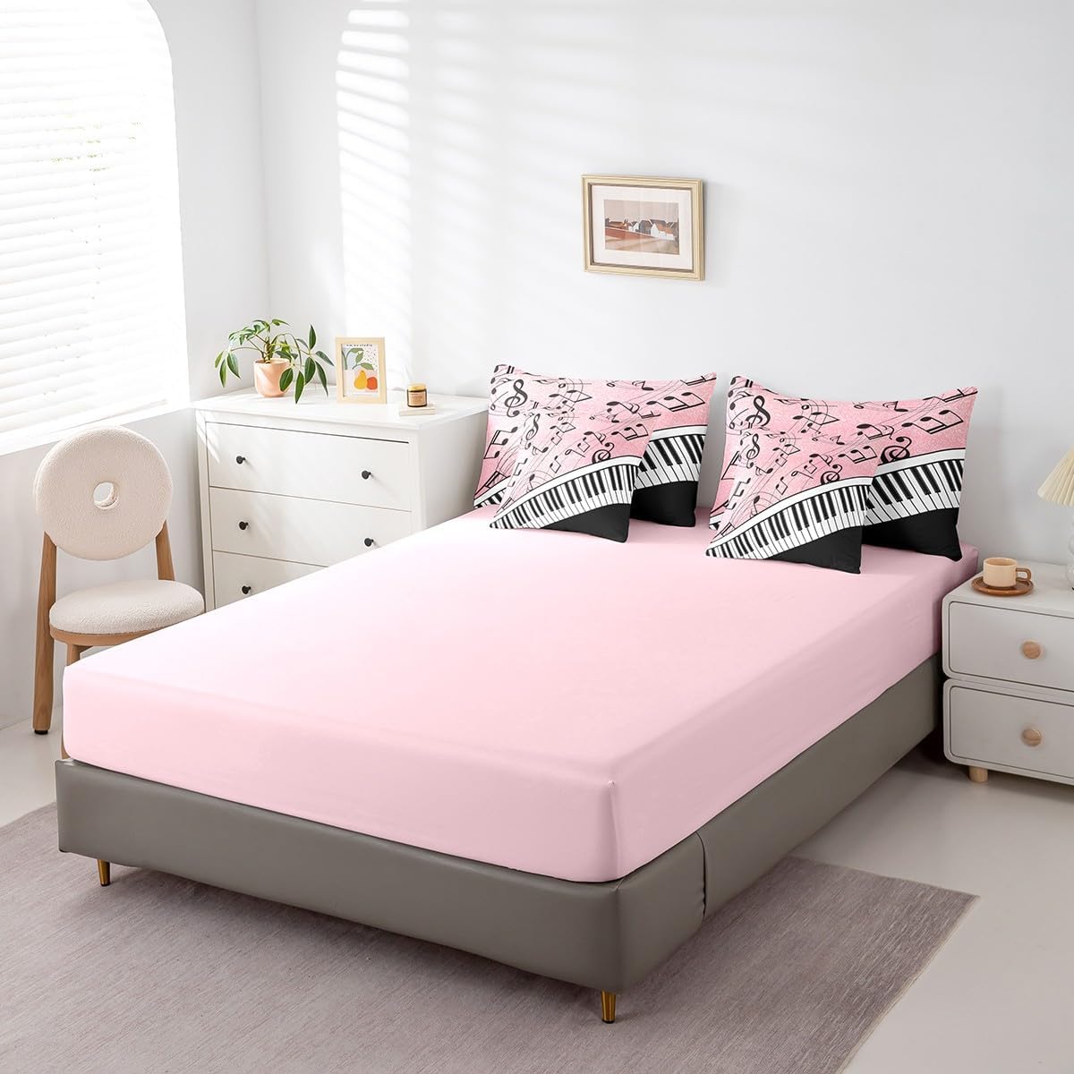 Manfei 7 Pieces Musical Notes Comforter Set Queen Size, Black White Piano Key Bedding Set, Music Theme Pink Glitter Print Bed in Bag with Comforter, Sheets and Pillowcases, Kids Girls Room Decor