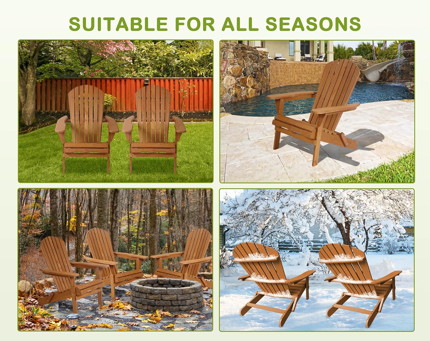 Adirondack Outdoor Chairs, Ergonomic Fire Pit Chairs, Folding Adirondack Chairs in Outdoor, Fire Pit, Deck, Outside, Garden, Campfire（Natural）