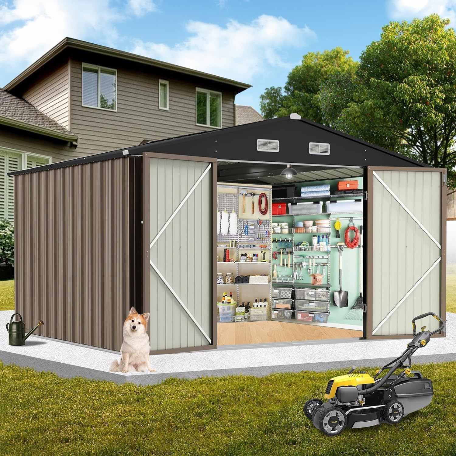 10X8FT Metal Storage Shed - Large Waterproof Tool Metal Shed with Lockable Doors & Vents, All-Weather Outdoor Sheds for Lawn Mower, Bike