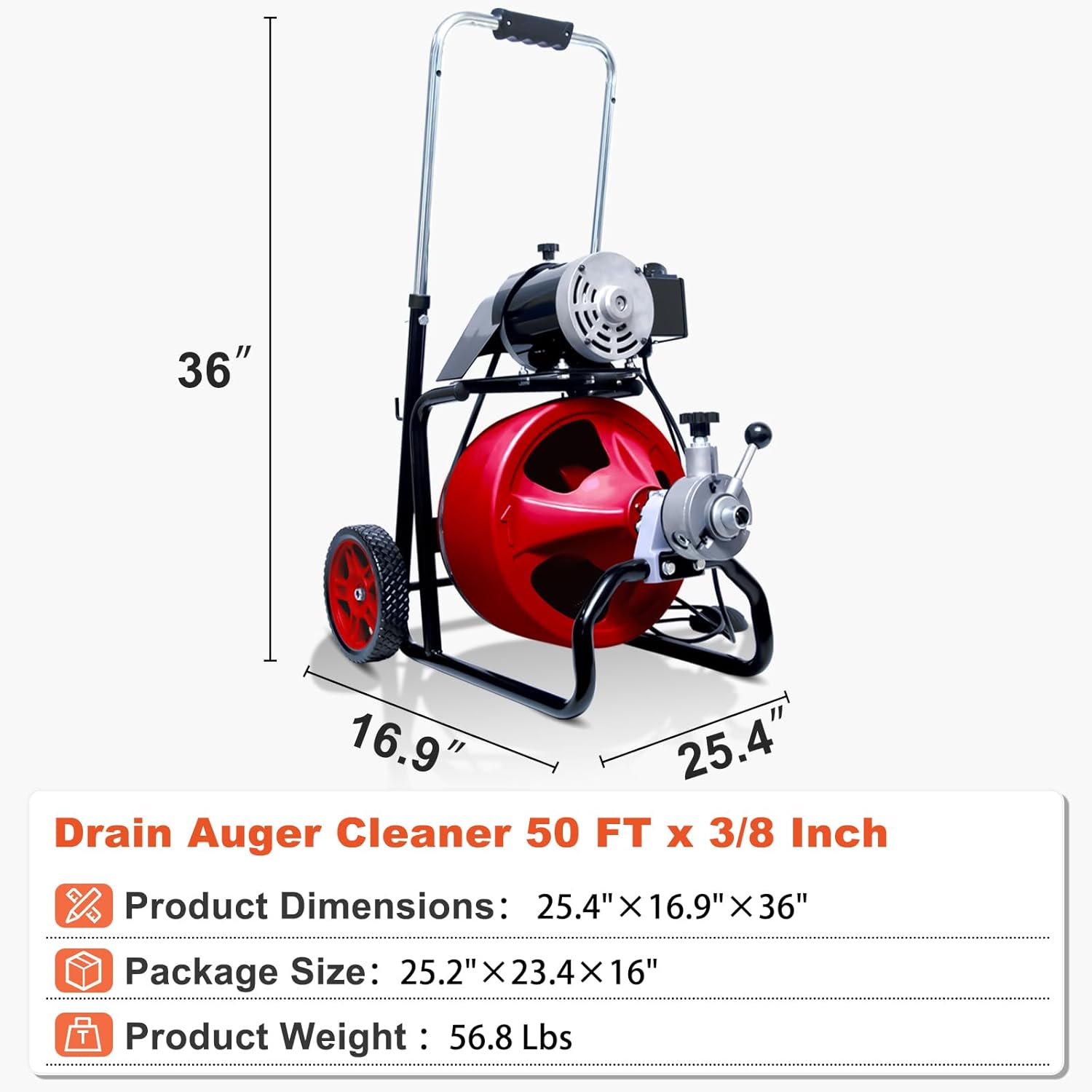 Drain Auger Cleaner 50 FT x 3/8 Inch, Sewer Snake Auto Feed, Drain Cleaning Machine with 8 Cutter & Air-Activated Foot Switch for 1
