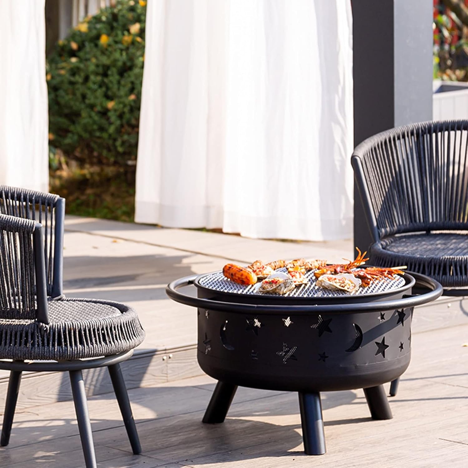 Backyard Patio Garden Fireplace Concrete Round and Wood Burning Fire Pit Outdoor Garden Fire Pit with Grill Grate 3 in 1 Fireplace for Bonfire Barbecue