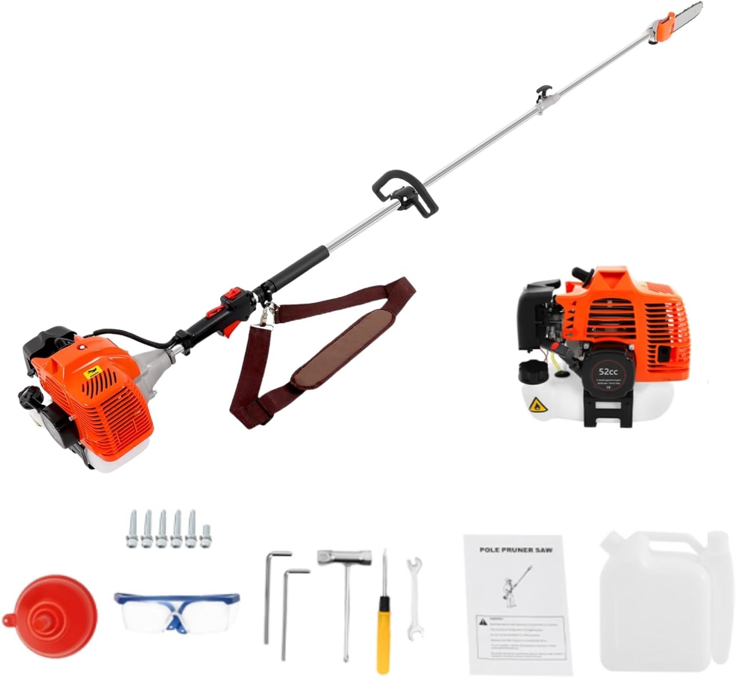 52cc Pole Saw Gas Powered, 2 Stroke Gasoline Tree Trimmer Pole Chain Saw with 90.55in Extension Pole & Shoulder Strap, Garden Branch Cutter, Hedge Trimmer for Tree Trimming Branch Cutting