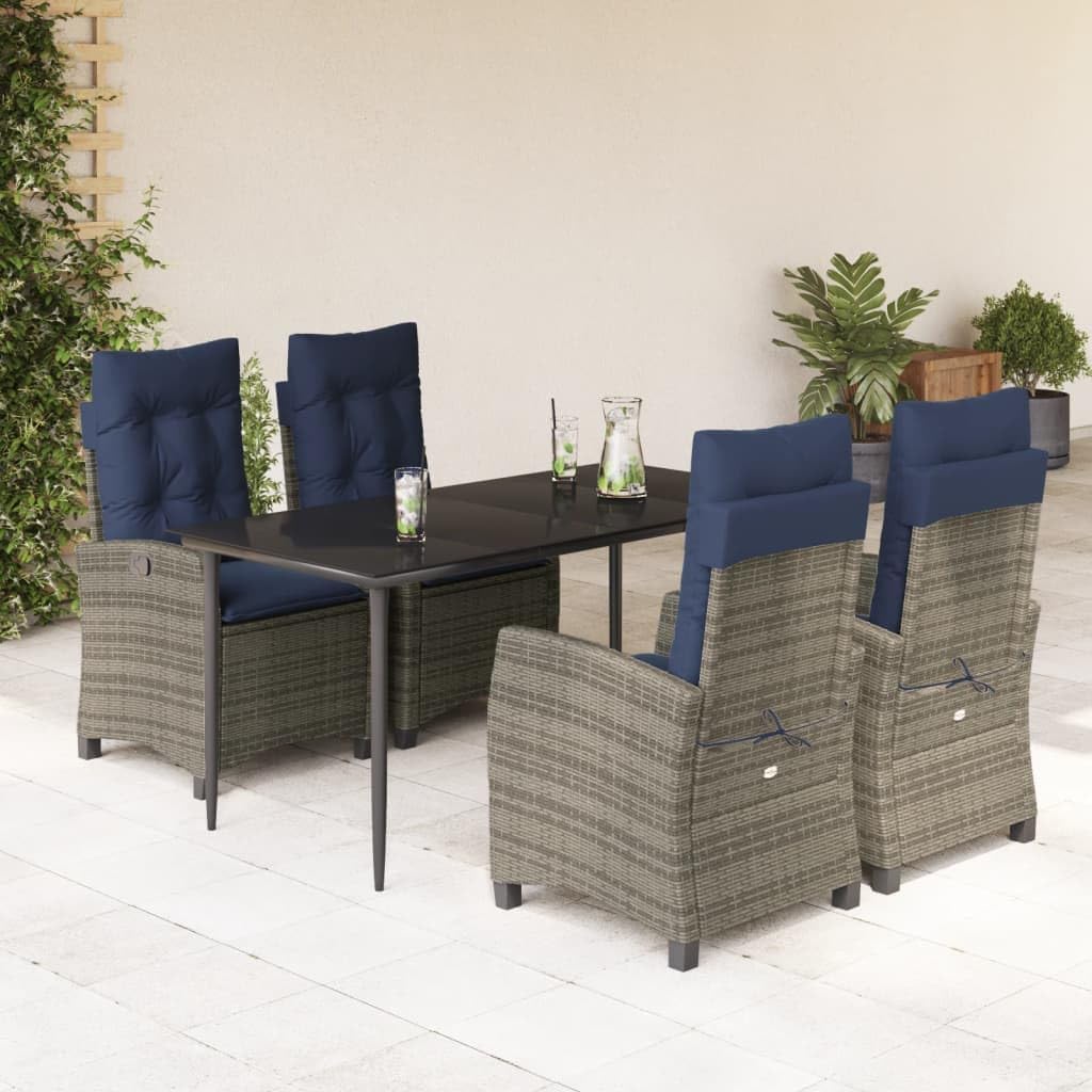 5 Piece Patio Dining Set with Cushions Gray Poly Rattan,Outdoor Dining Set with Adjustable Backrest and Cushioned Chairs for Garden, Backyard or Patio Patio Furniture Sets, Outdoor Furniture Sets
