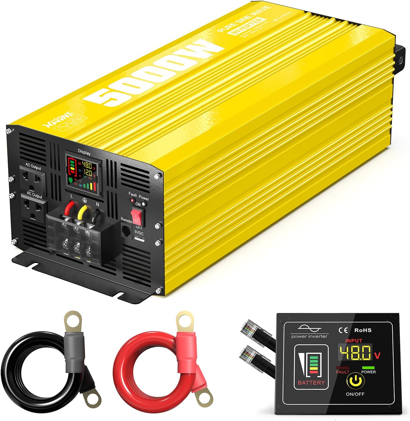 XWJNE 5000W Pure Sine Wave Power Inverter 48V DC to 120V AC Converter with LCD Display and Remote Controller for Home, RV, Truck, Off-Grid Solar Power