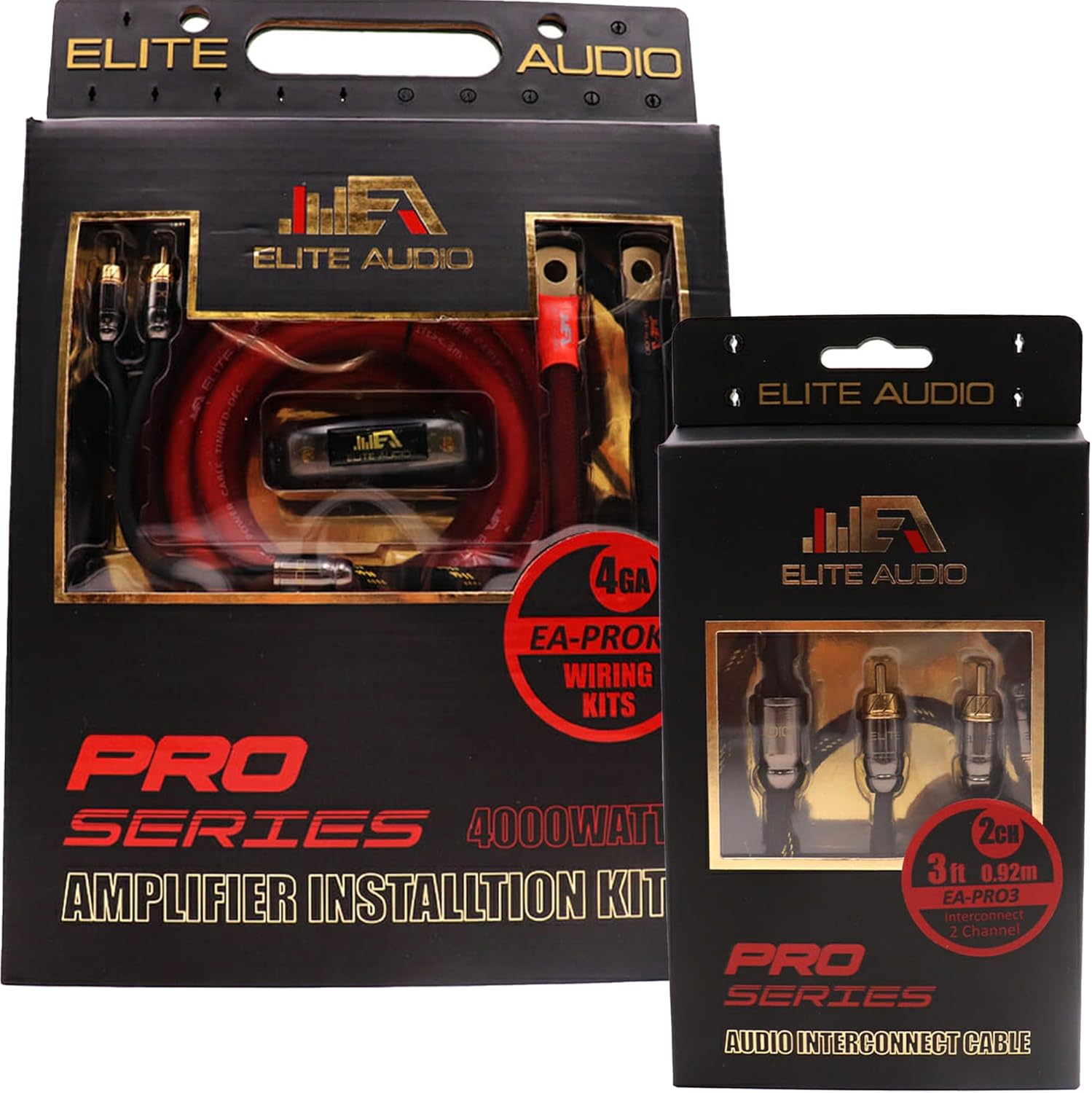 Elite Audio EA-PROK4 + EA-PRO3 Pro Series Amplifier Wiring Kit Bundle with 2-Channel RCA Combo - 4000W Max Power, 4GA Cables, Dual RCA Sets, ANL Fuse and Holder
