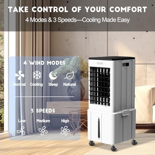 Portable Air Conditioner, 3-IN-1 Evaporative Air Cooler w/3.2Gal Tank, 4 Modes & 3 Speeds, 12H Timer, 6 Ice Packs, Remote Control, Windowless Swamp Cooler for Bedroom,Home,No Hose Needed