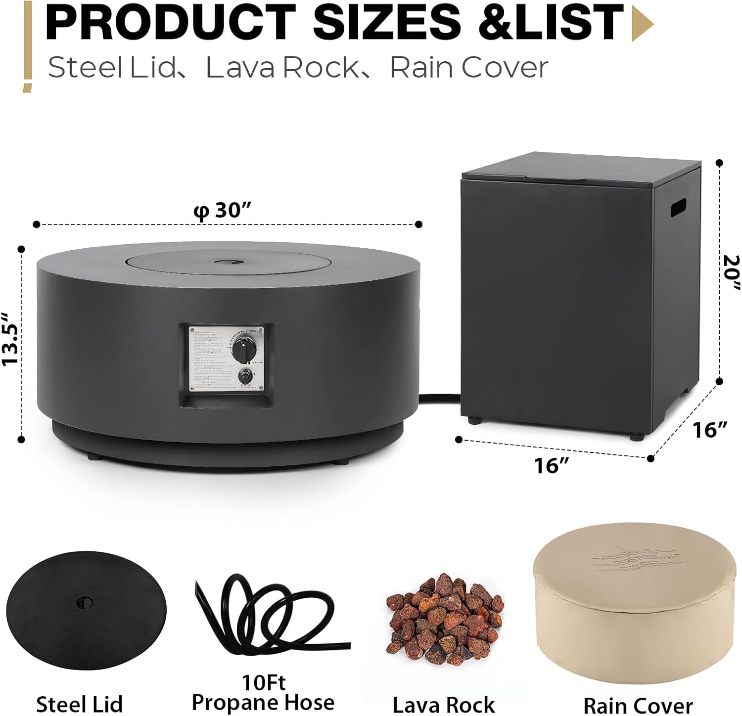 30-inch Outdoor Propane Fire Pit Table Round - Modern Gas Fire Pits Patio Heavy-Duty Firepit 50,000 BTU Fire Table with Tank Cover for Deck, Backyard and Pool, Black